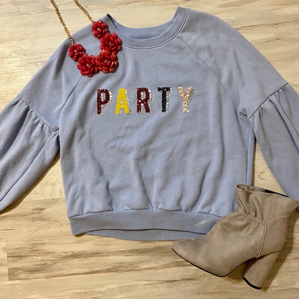 Sequin Graphic Bell Sleeve Blue Sweater